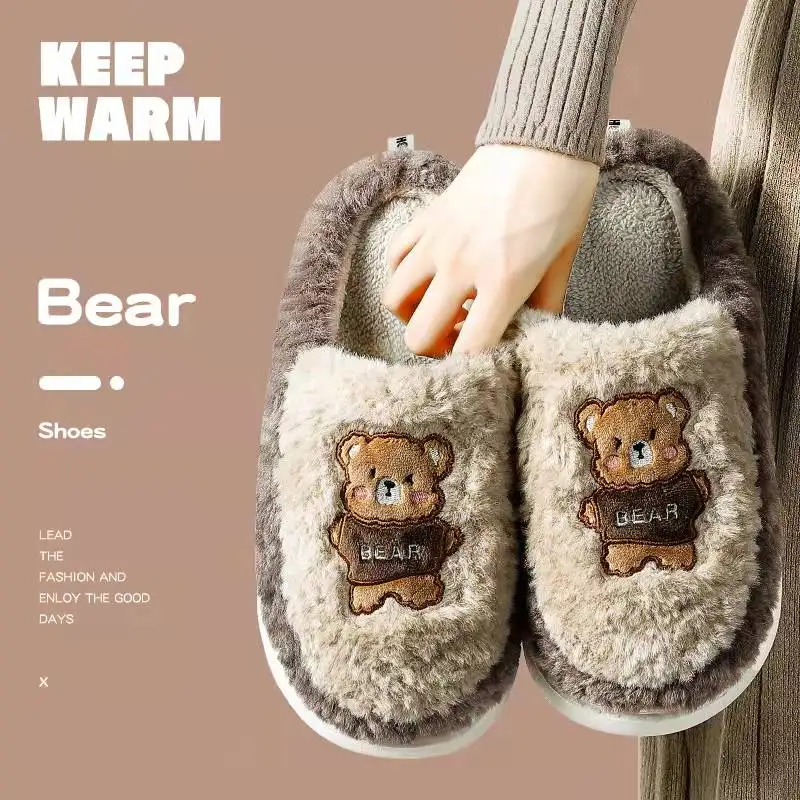 

Women Winter Warm Slippers Couple Cute Cartoon Bear Slippers Thick Soled Non-slip Bedroom Slides Memory Foam Indoor Home Slides