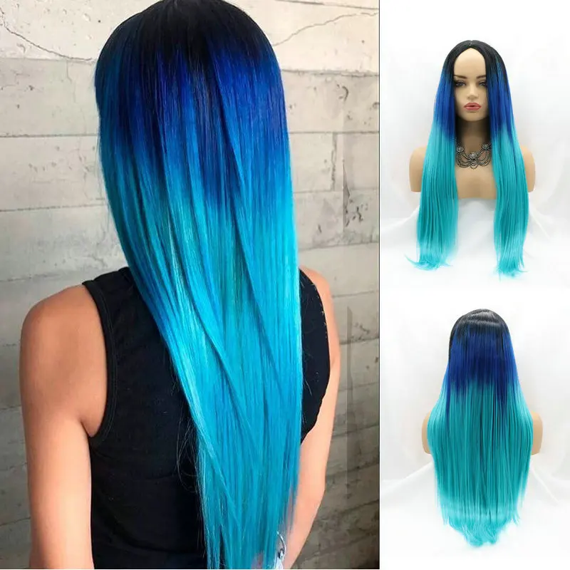 Парик с черными корнями для женщин темно-синий/пастельный синий - купить по