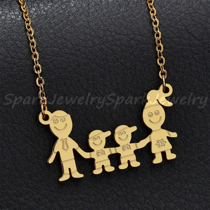 Lovely Women Firgure Family Necklace With Mom Dad Boys Girls Cartoon Love Daughter Son Heart Chain Gifts For Kids |