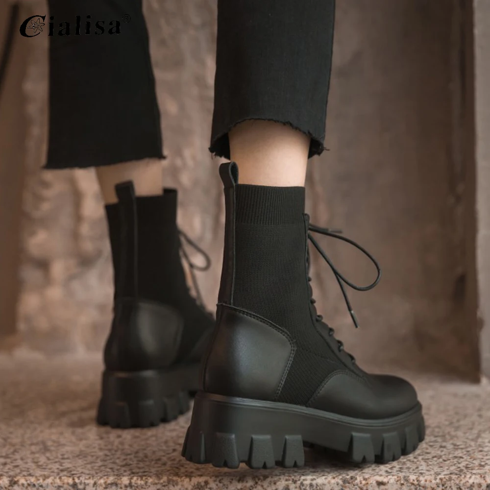 

CIALISA Boots 2020 Fashion Chunky Heel Lace Up Round Toe Women Shoes New Design Mid Heel Platform Genuine Leather Ankle Boot