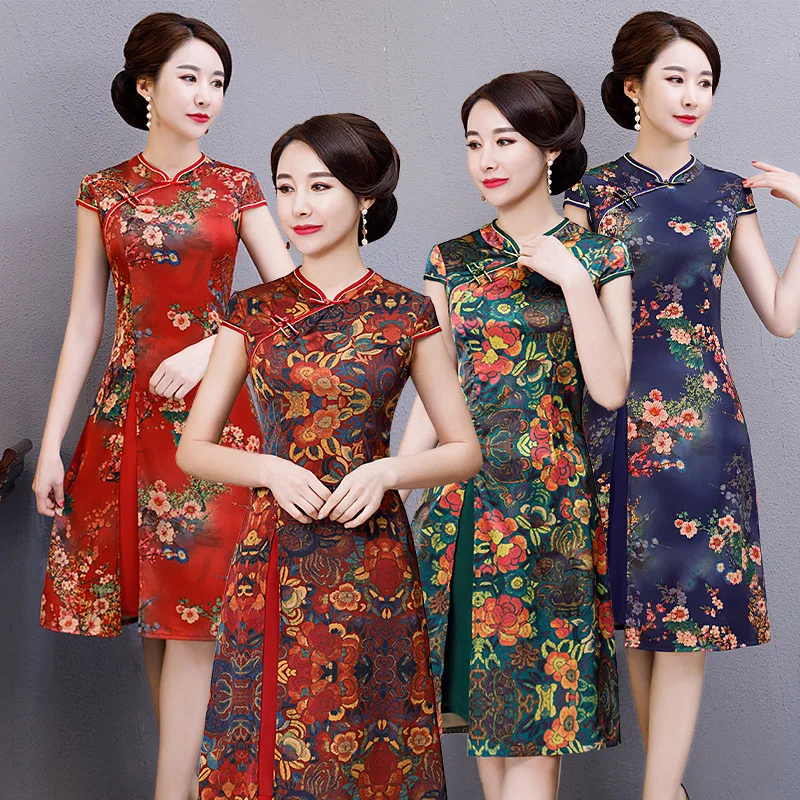 

Весенние женские середины Длина Cheongsam с достоинством в стиле ретро; В китайском Стиль с низким вырезом платье элегантное платье с принтом кр...