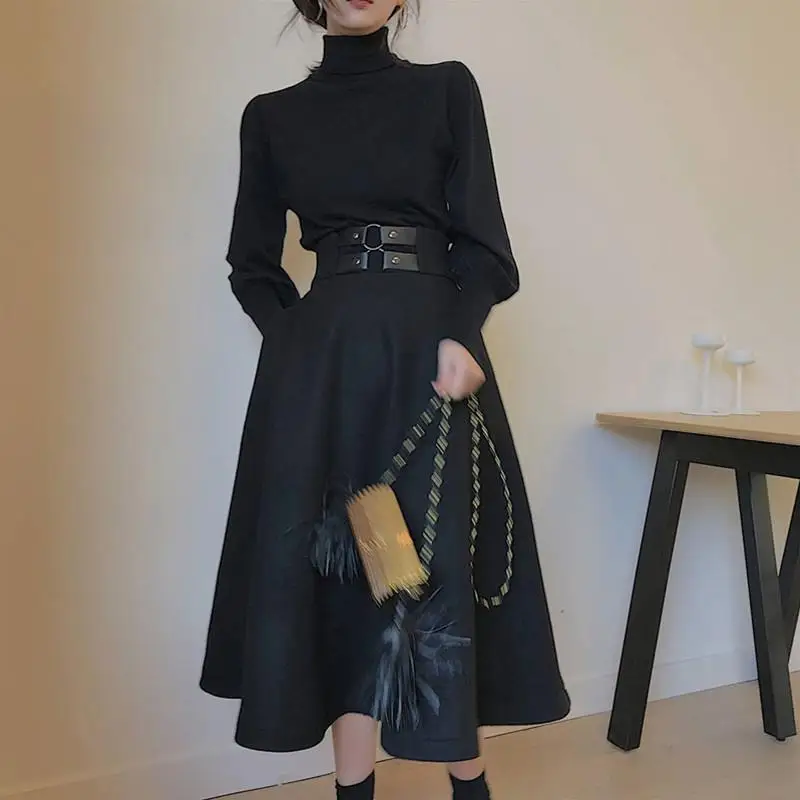 

New Winter Woman Sets Spring Elegant Black Turtleneck Tops+Long Black Party Skirt Suits Lady Fashion Chic Solid Sets Streetwear