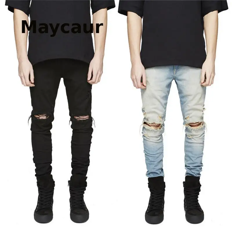 

Men Stretchy Ripped Skinny Biker Embroidery Print Jeans Destroyed Hole Taped Slim Fit Denim Scratched High Quality Jean