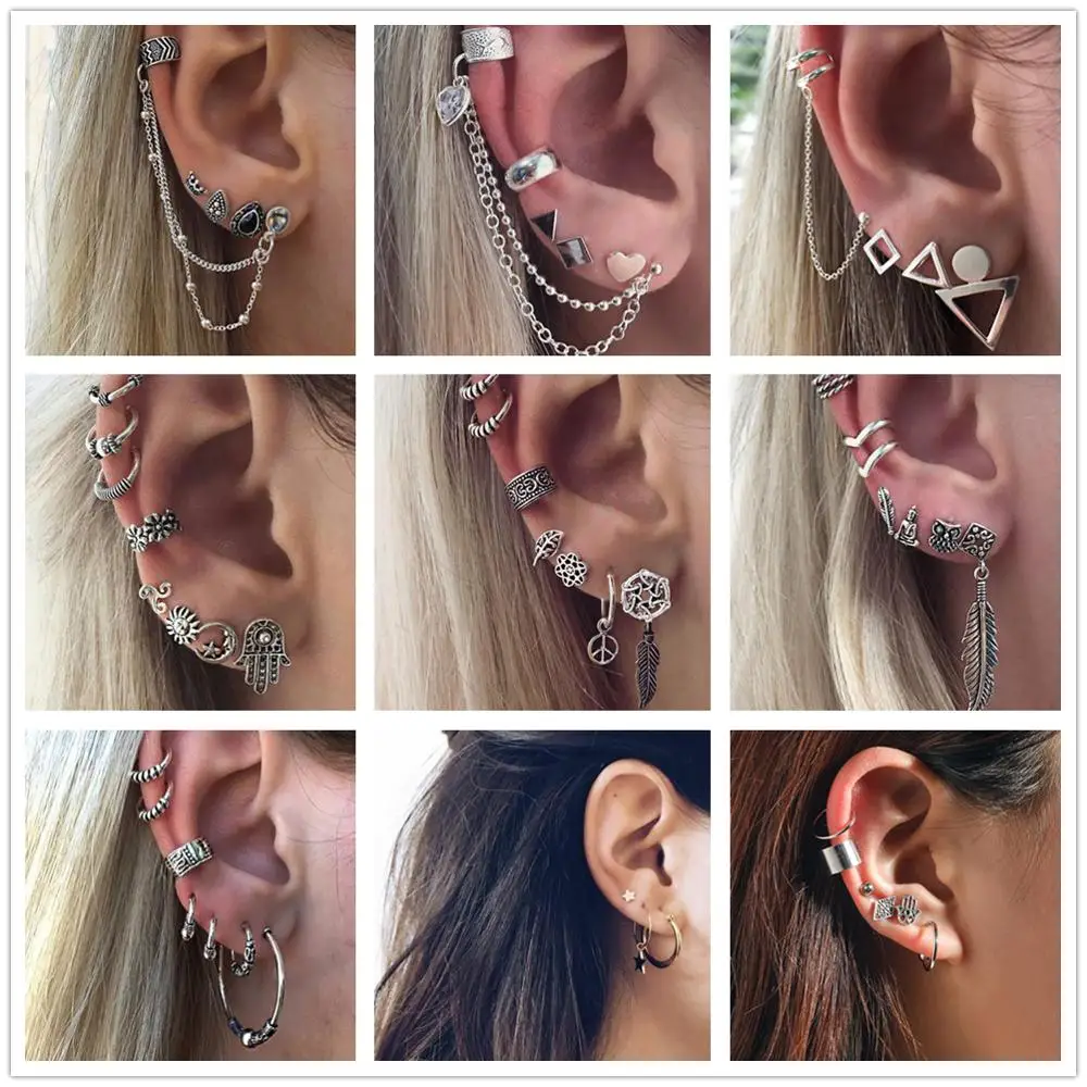 

HuaTang Silver Color Star Leaf Chain Boho Earrings Set for Women Girl Geometric Stud Earrings Piercing Ear Clip Jewelry Brincos