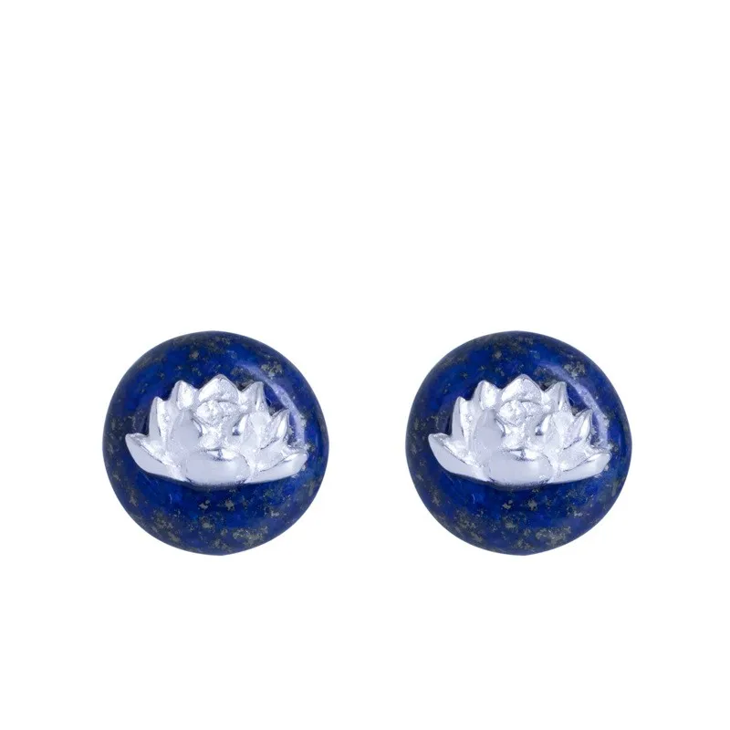 925 пробы серебряные серьги-гвоздики в форме цветка лотоса из лазурита этническом