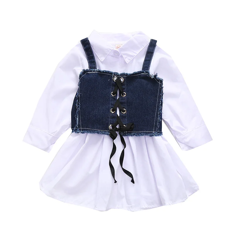 

Girls dresses for fall winter new style lapel long-sleeved shirt dress and denim strappy waistcoat two-piece