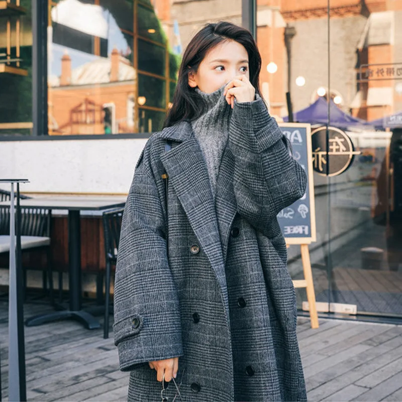 Женское длинное шерстяное пальто в клетку простое двубортное свободное нежное