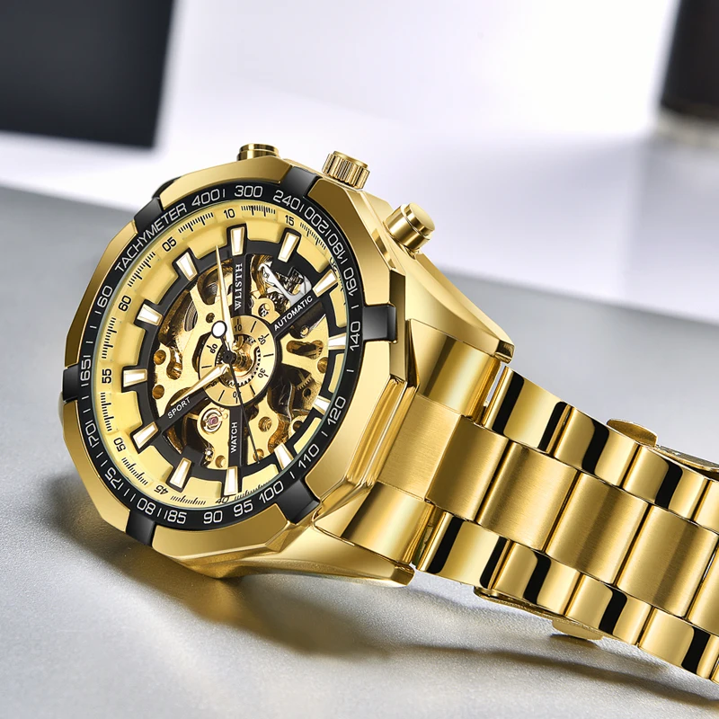 

WLISH Brand Luxury Transparent Hollow Skeleton Watches for Men Tourbillon Black Gold Automatic Watches 2021 Waterproof