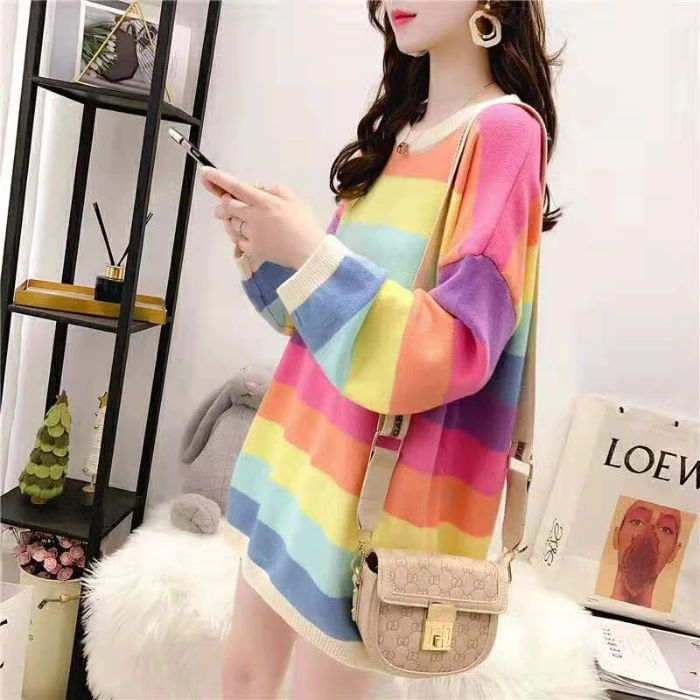 Трикотажный свитер с радужным покрытием для зимы 2020 женский милый полосатый