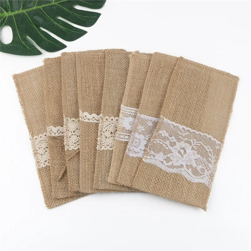 

20Pcs Burlap Lace Cutlery Pouch Rustic Wedding Tableware Knife Fork Holder Bag Hessian Jute Table Decoration Accessories