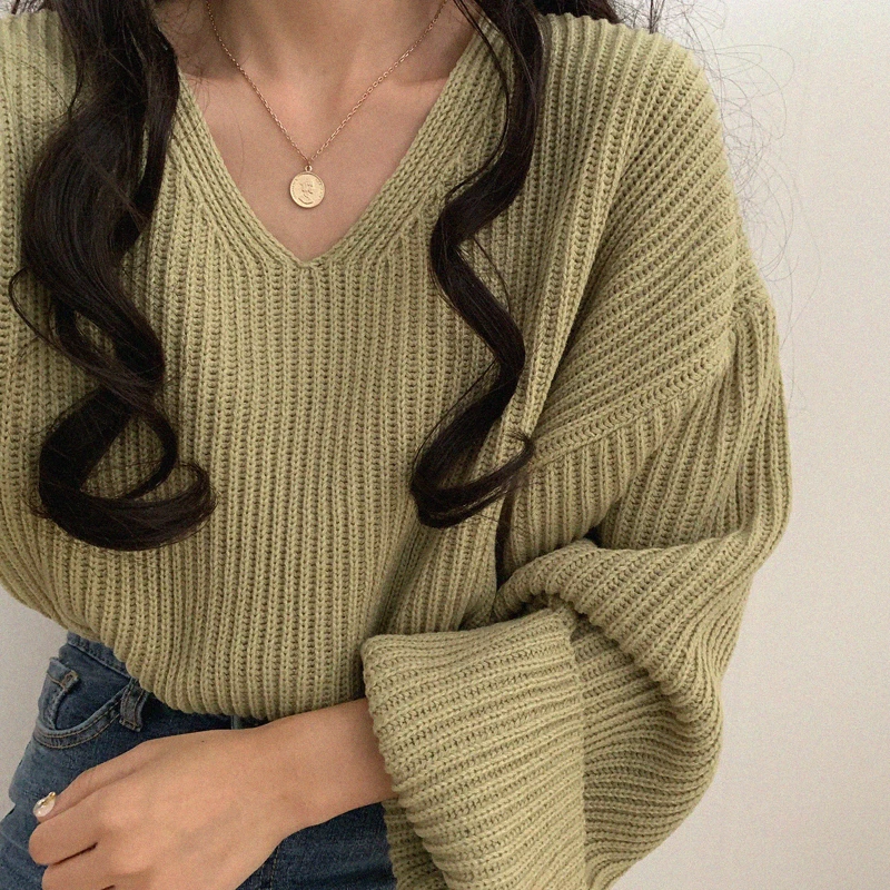 

2020 Loose Sweater Women V Neck Long Sleeve Solid Pullover Sweaters Korean knitted sweater Autumn Winter Clothes pull femme