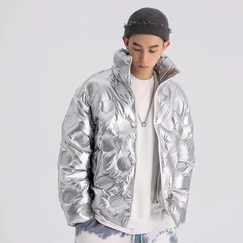 Aolamegs Parkas Jacket Men Solid Funny Embossing Zipper Silver Coats Winter Baggy Warm Hip Hop Hipster Cool Thick Outwear Couple