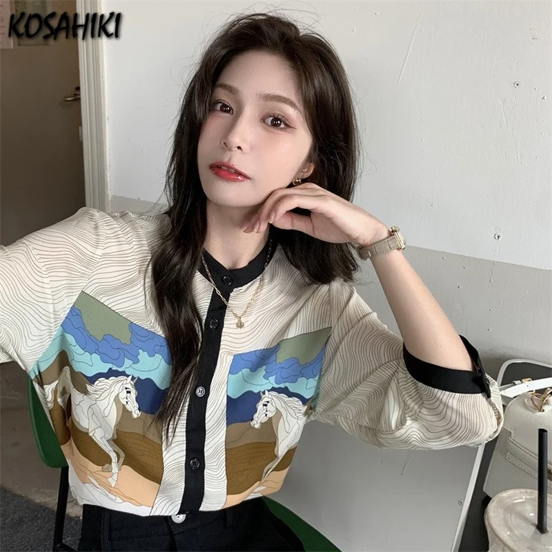 

KOSAHIKI Zebra Print Shirts Women Casual Turn-down Collar Ulzzang Stylish Streetwear Harajuku Mujer Korean Style Blusas