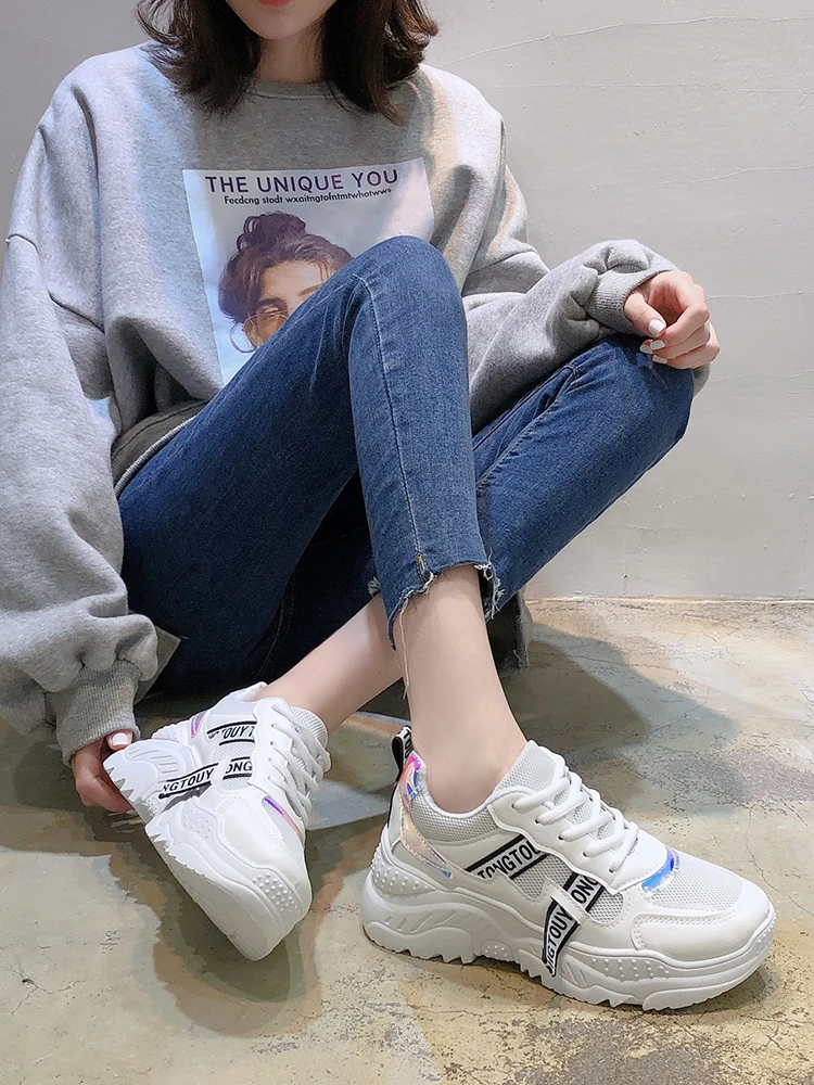 

Fashion White Platform Sneakers Women Shoes Thick Sole Breathable Women Sneakers Yellow Casual Shoes Woman Spring Tenis Feminino