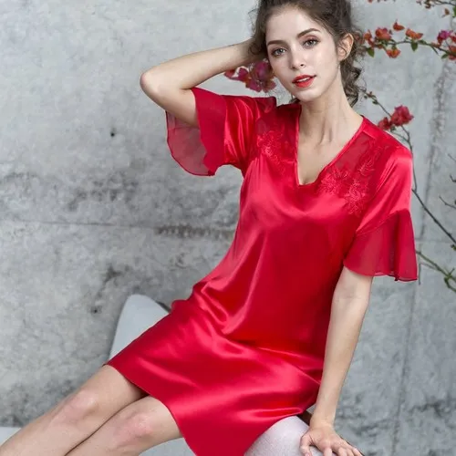 Red Женская одежда для сна, Женская Лаковая юбка из материала Ice Silk с короткими рукавами, сексуальная одежда для сна, юбка для дома, платье для сна, юбка, одежда для сна - Цвет: Red