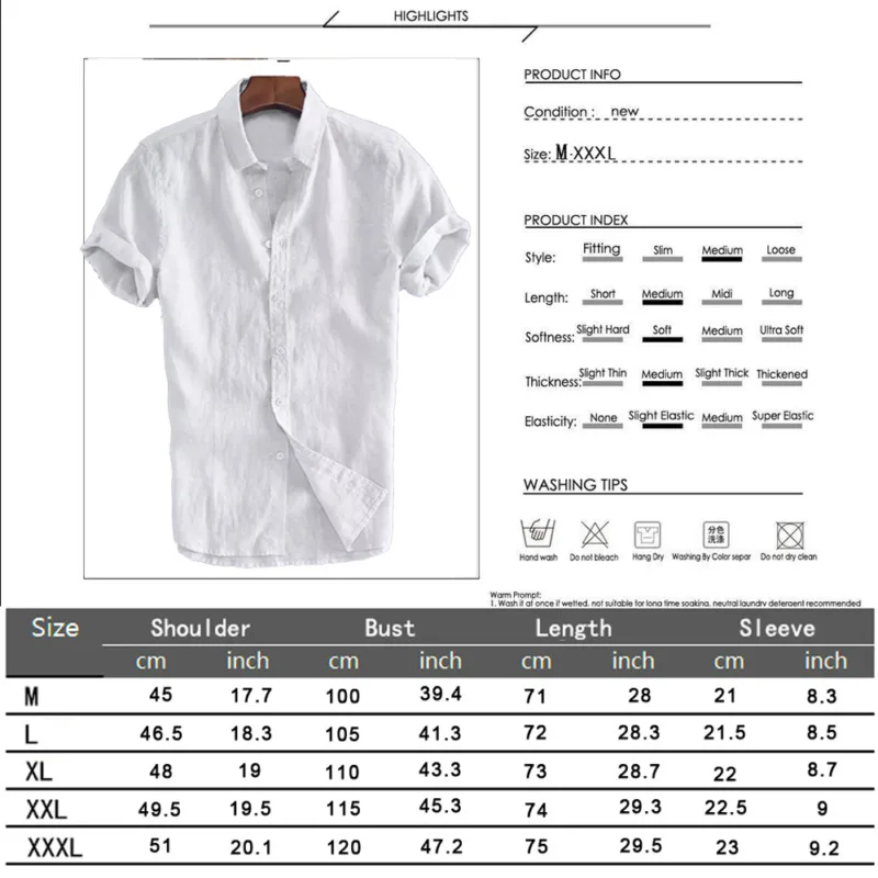 Рубашка мужская с коротким рукавом льняная Хлопковая сорочка на пуговицах