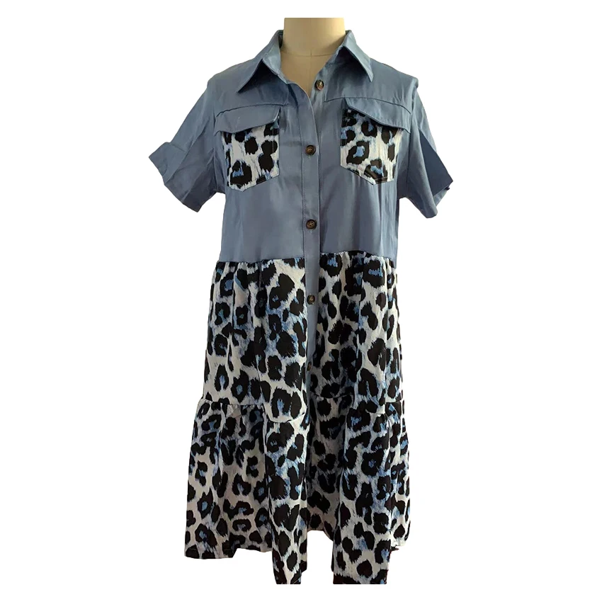 

Summer Dress Women Single Breasted Leopard Patchwork Loose Dresses Leisure Elegant Midi Dress for Women Blue Dress