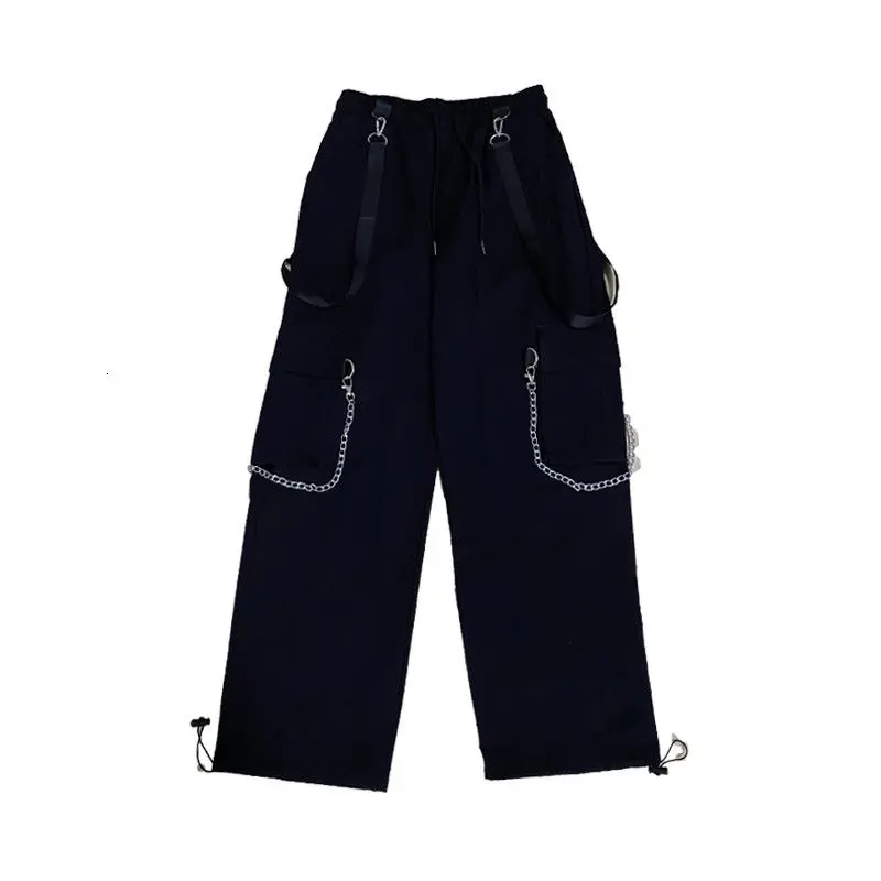

Autumn Black Straight Pants Men's Fashion Solid Color Multi-pocket Cargo Pants Men Streetwear Loose Hip-hop Chain Trousers Mens