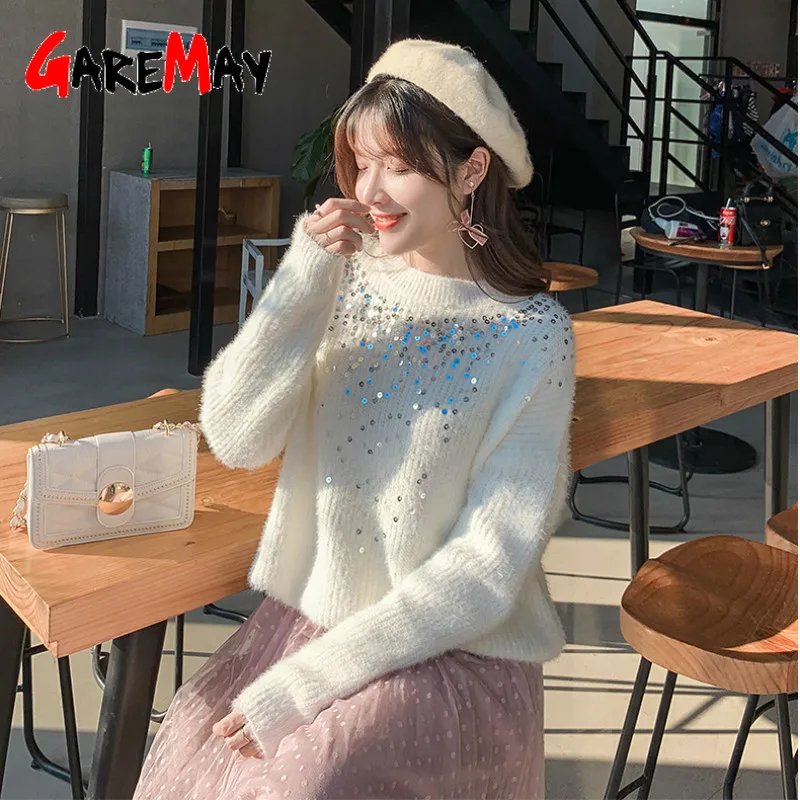 Зимний женский свитер с блестками вязаный пуловер свободный толстый теплый