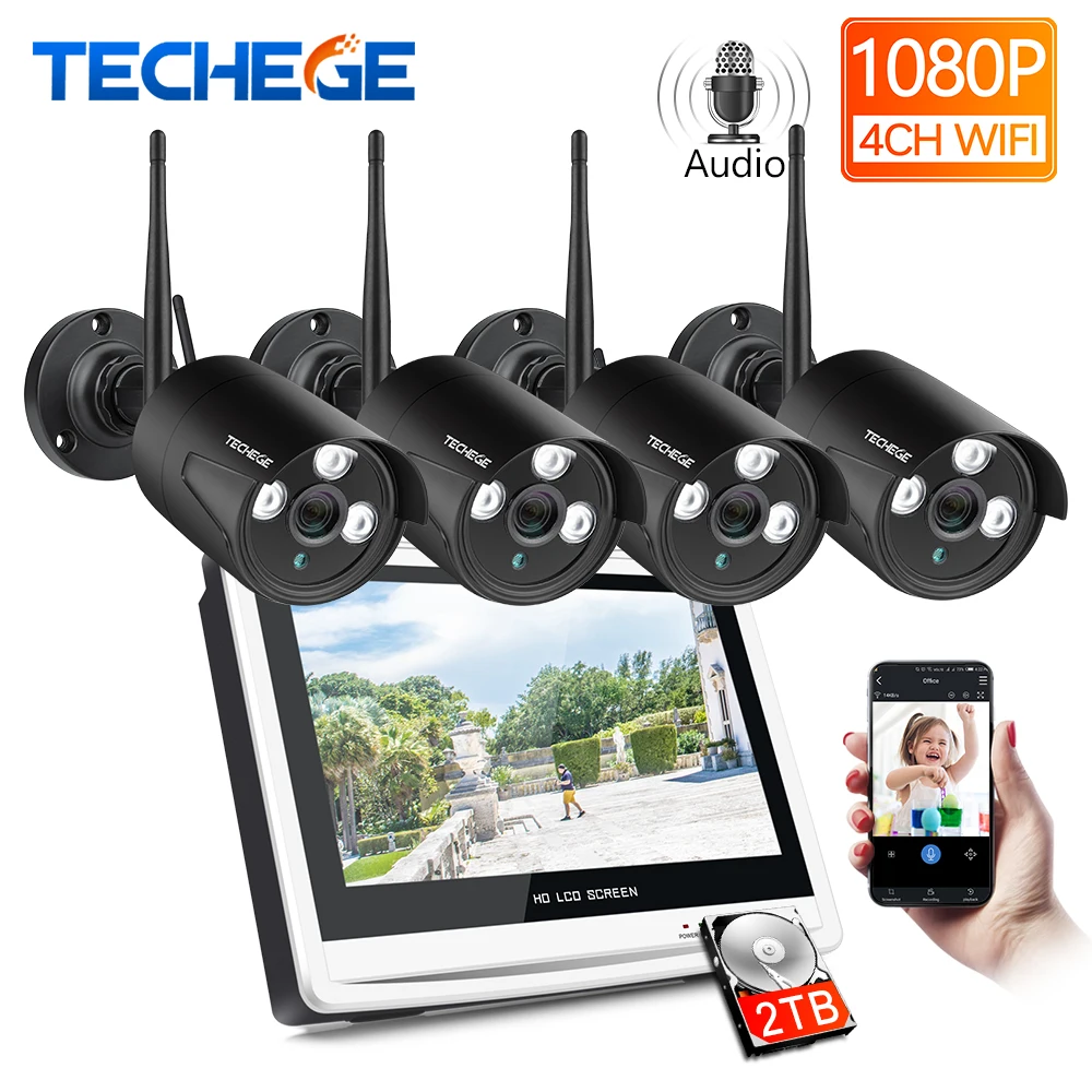Techege 1080P Беспроводной NVR комплект 1" ЖК-монитор 2MP Wifi ip-камера 1080P Аудио CCTV камера домашняя система безопасности комплект наблюдения
