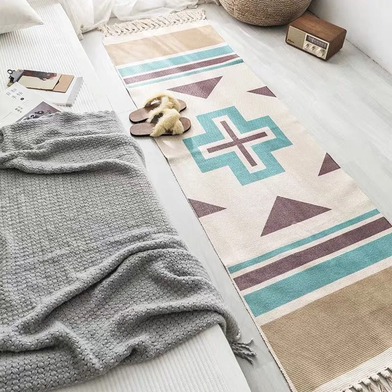 Retro Bohemian Hand Tassel Woven Cotton Linen Carpet Bedside Rug Geometric Floor Mat Long Bedspread Tapestry Home Decoration | Дом и сад