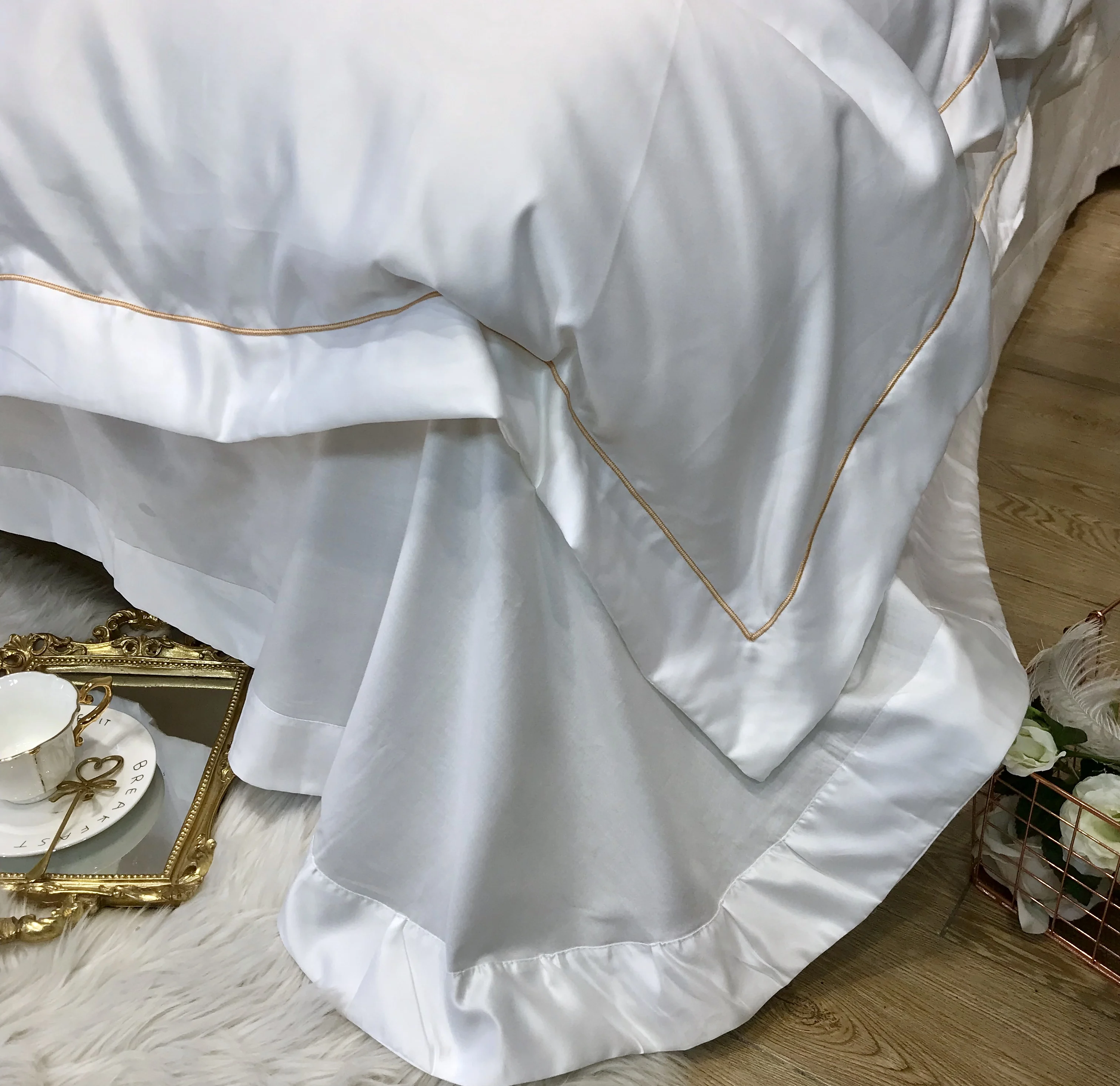 

New White Blue Gray 60S Satin Washed Silk Cotton Exquisite Embroidery Bedding Set Duvet Cover Bed Linen Fitted Sheet Pillowcases