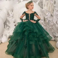 2021 luxury green lace flower sheer long sleeves girls dresses communion dresses appliques beads tiered ball gown pageant dress