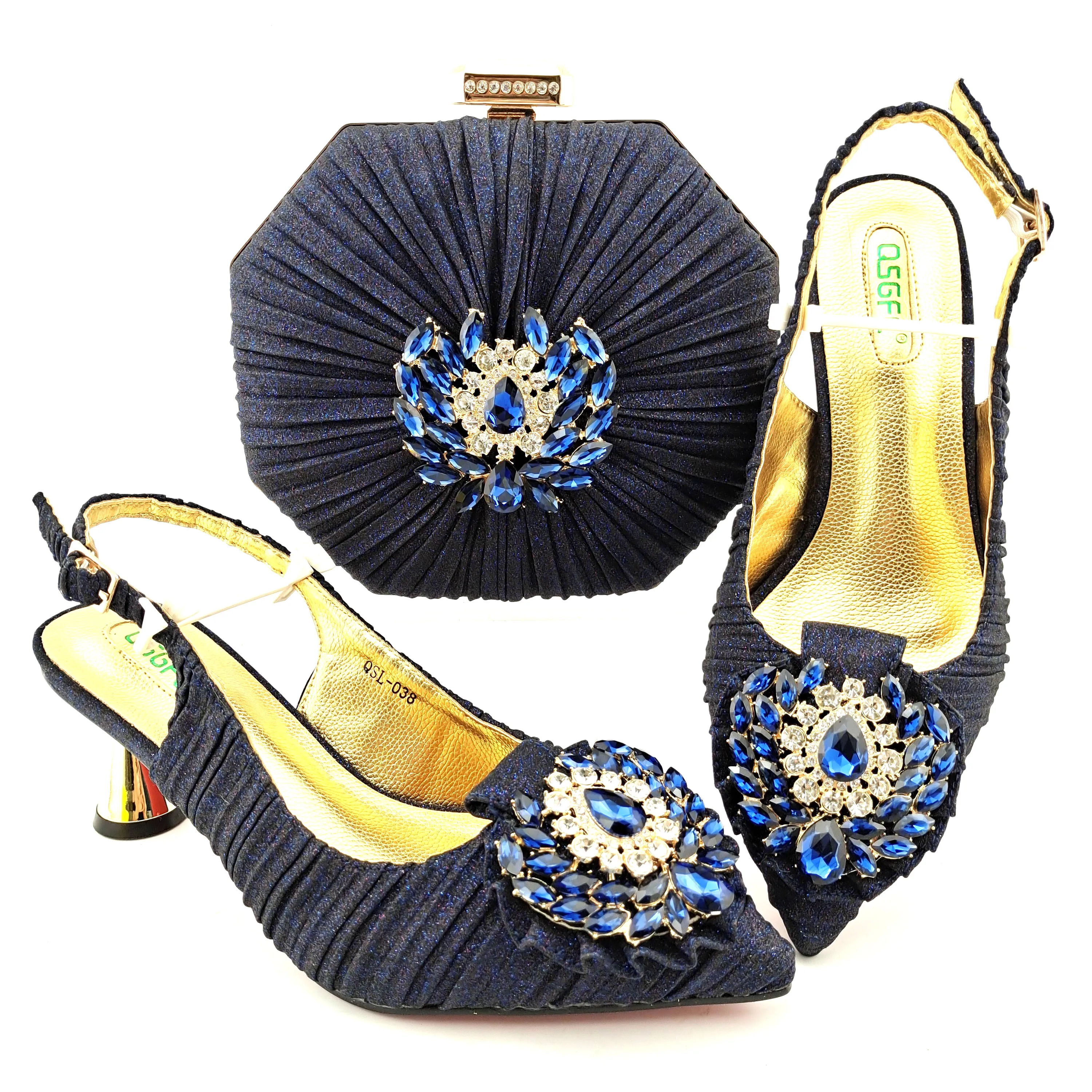 

Doershow New Arrival African Wedding Shoes and Bag Set D.BLUE Color Italian Shoes with Matching Bags Nigerian lady party HGO1-17