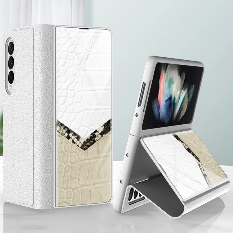 

Case for Samsung Galaxy Z Fold 3 5G Case PU Leather Pattern Tempered Glass Flip Stand Cover for Galaxy Z Fold3 Fundas