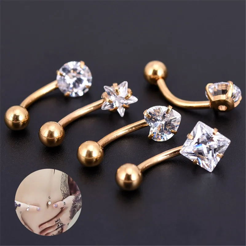 

4 New Anti Allergy Lounger Titanium Earrings Ear Nail Belly Button Rings Navel Piercing Star Heart Round Crystal Jewelry