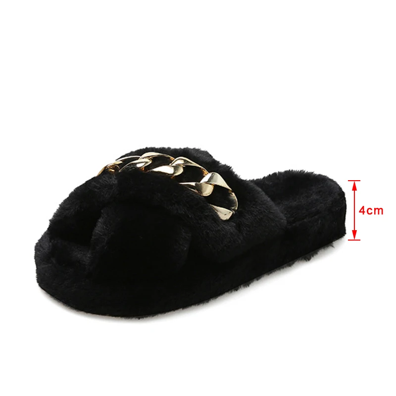 

Women Slippers Chains Furry Concise Solid Non-Slip Round Toe Ladies Warm Fluffy Soft Indoor Female Flats Winter Bedroom New