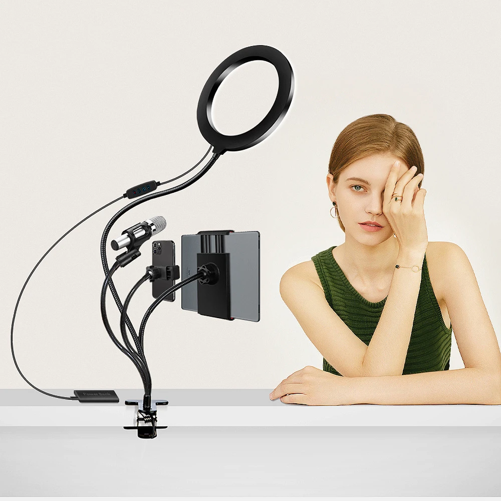 

Live Stream Kit Ring Light Gooseneck Circle Lamp with Holder for Microphone Smartphone Tablet 3 lighitng modes for selfie video