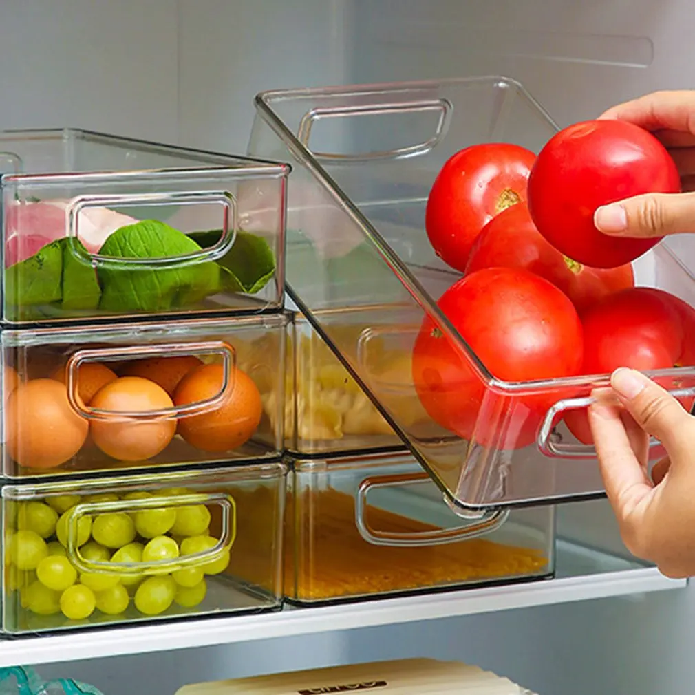 

1pc Refrigerator Organizer Bins Stackable Fridge Food Storage Box with Handle Clear Plastic Pantry Food Freezer Organizer Tool