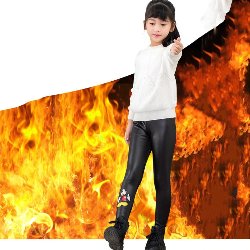 Зимние флисовые леггинсы для девочек из искусственной кожи черные теплые штаны