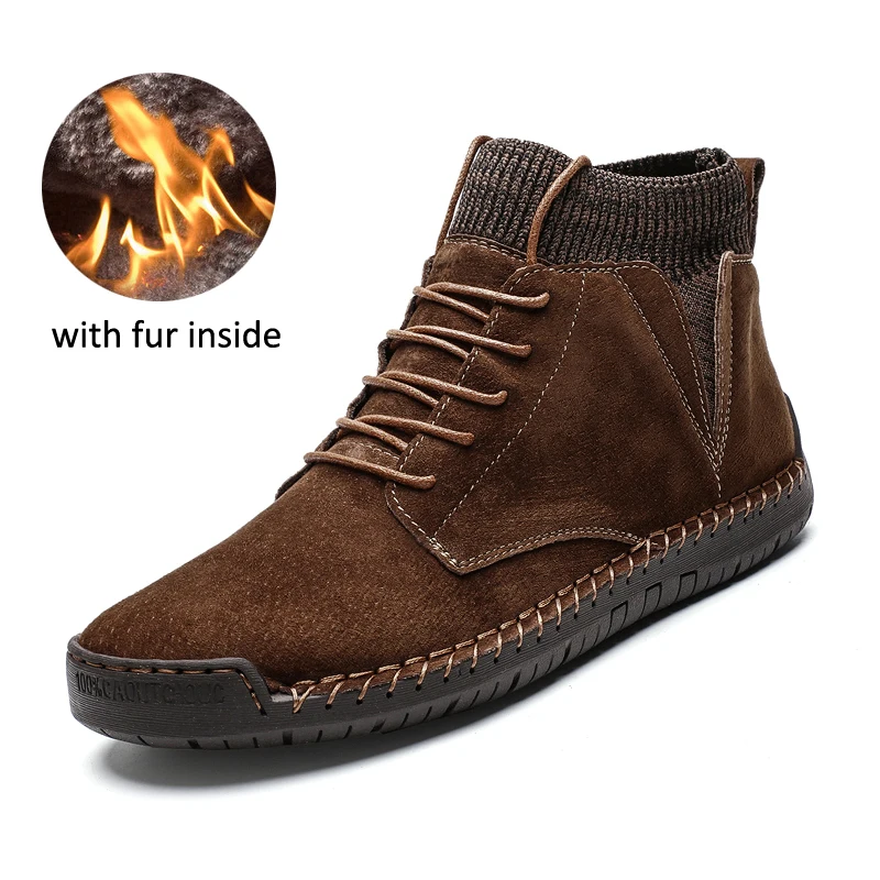 With Fur brown Г. Новые мужские зимние ботинки с плюшевой подкладкой, теплые мужские ботинки размер 38-48, Нескользящие мужские Ботильоны Водонепроницаемая Осенняя мужская Рабочая обувь - Цвет: With Fur brown