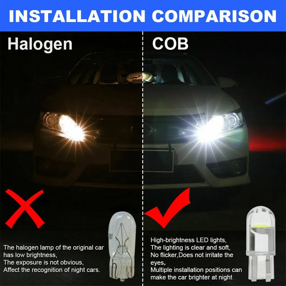 

20 шт., светодиодные лампы T10 W5W COB 6000K