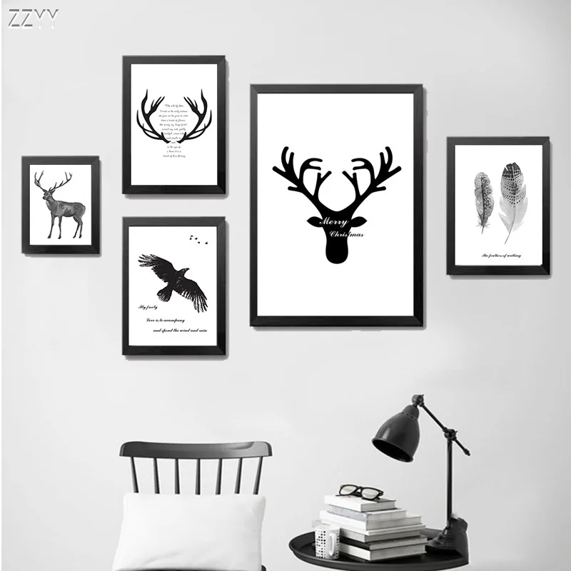 

Modern Cartoon Elk Flying Eagle Antler Feathers Animal Decorative Painting Black White Canvas Poster Home Decor Christmas Gifts