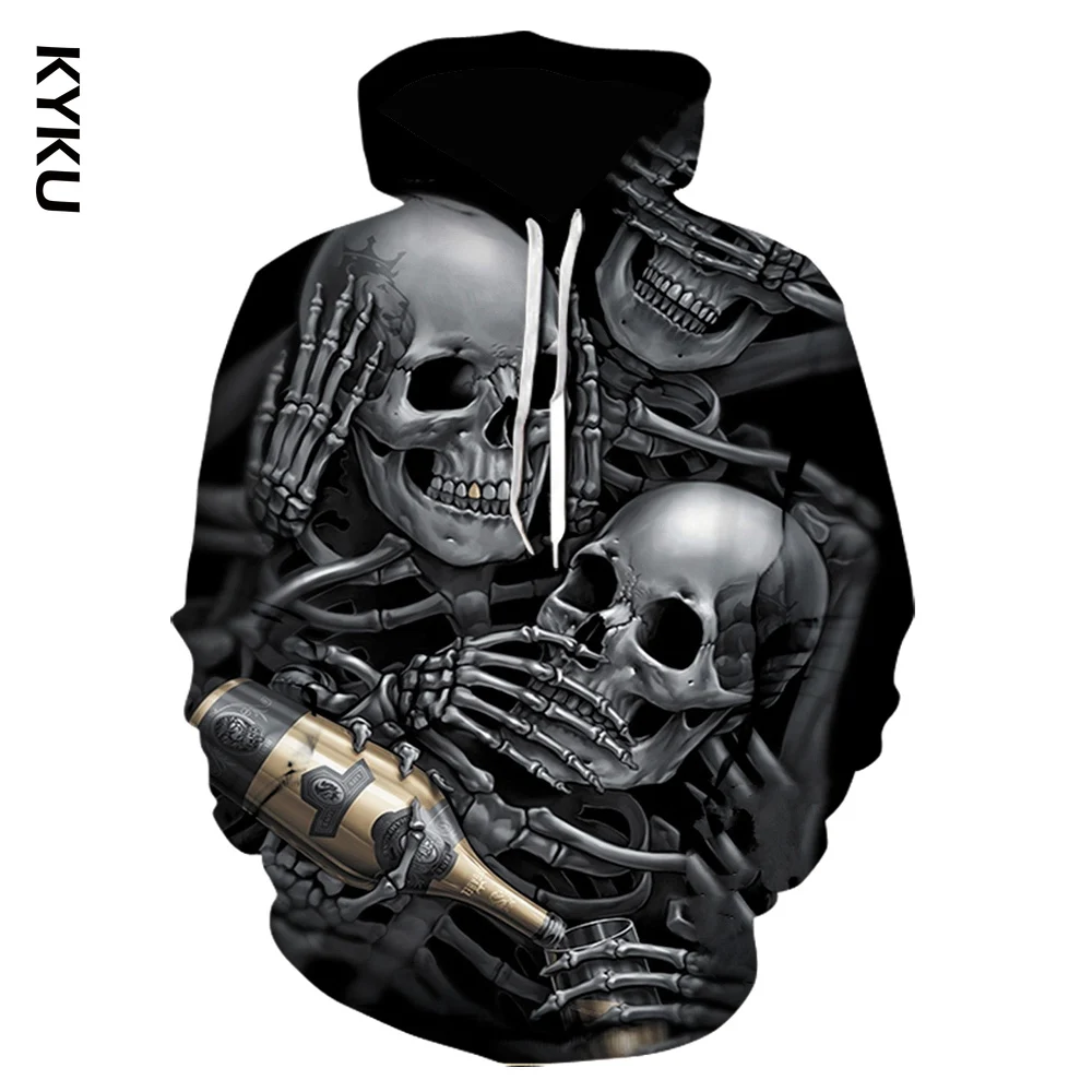 

KYKU New 3d hoodie men women wine skulls print black hooded sweatshirts Hip hop tops mens jacket