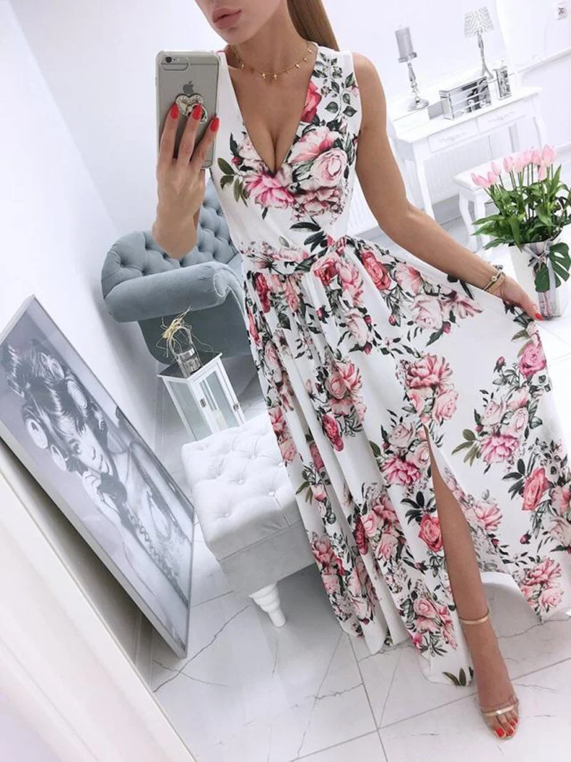 

Women Summer Sleeveless Chiffon Maxi Dress Sexy Deep V Neck Floral Print Split Elegant Party Robe Longue 2021