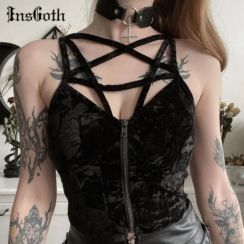 

InsGoth Gothic Pentagram Cut Out Black Camis Vintage Aesthetic Velvet Camisole Mall Goth Bare Shoulder Backless Corset Tops