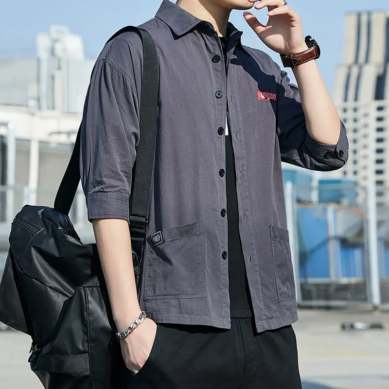 

Мужская свободная рубашка из чистого хлопка, с рукавом три четверти