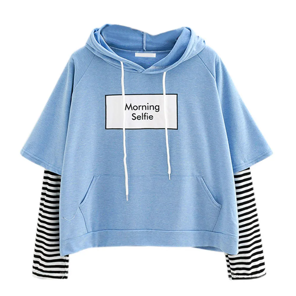 Ladies sweatshirt hooded long-sleeved Morning selife stitching striped fashionable and comfortable casual top F04* | Женская одежда