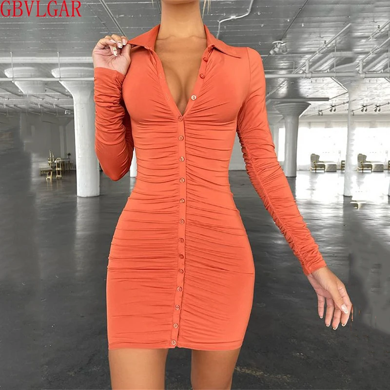 

Autumn Casual Long Sleeve Women's Dresses Vintage Bodycon Single-breasted Spring Dress Simply Ruched Y2K Women's Clothing 2021