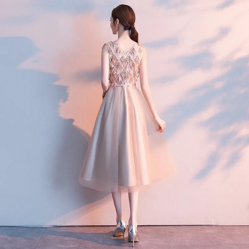 

Lady Exquisite Sequins Tassel Trim Prom Dresses Elegant O-Neck Sleeveless Banquet Gown Sweet Mesh Formal Party Dress S-3XL