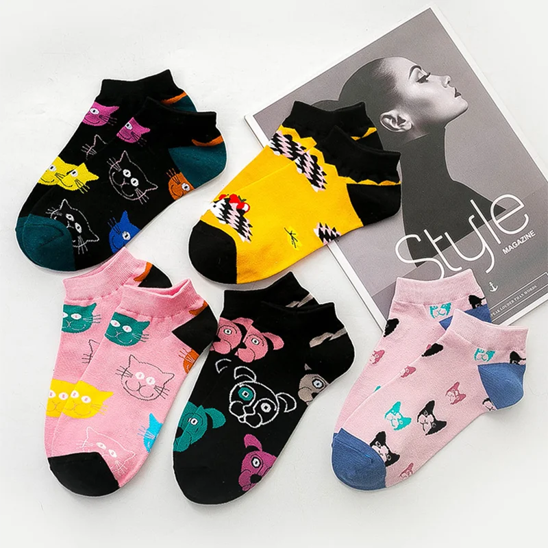 5 Pairs Women's Socks Fashion Hip Hop Funny Cat Dog Beer Maple Leaf Pigeon Printed Happy Color Sox Mens Size 36-43 Wholesale | Женская