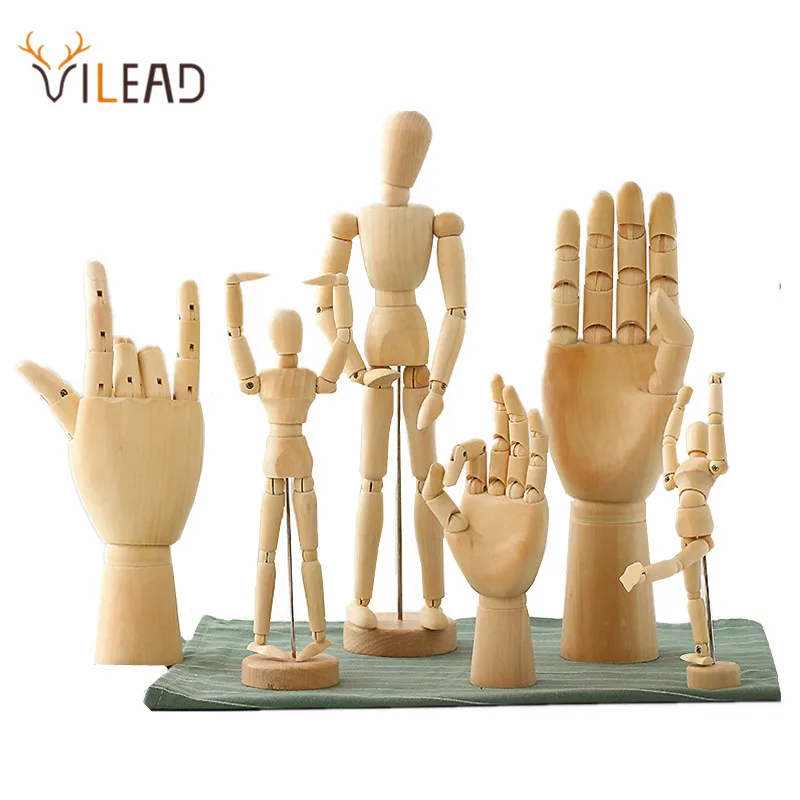 VILEAD Wood Hand Wooden Man Figurines Rotatable Joint Hand Model Mannequin Artist Miniatures Wooden Decoration Home Decor