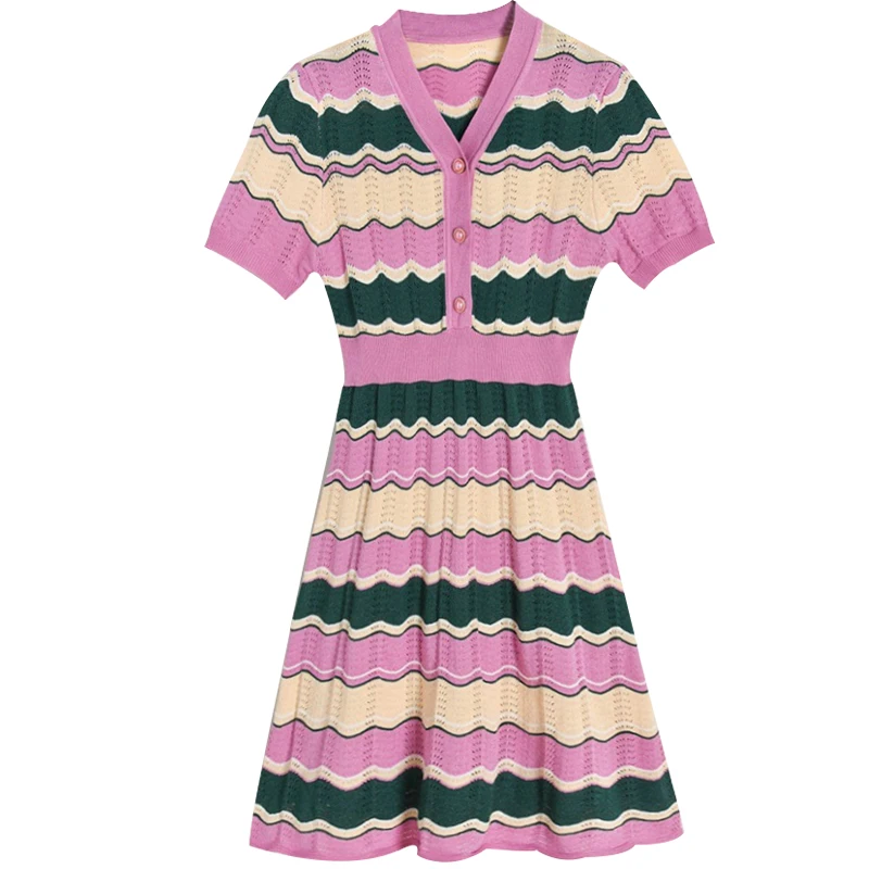 Женское платье-свитер тонкое трикотажное платье в полоску с цветными волнами 2020 |
