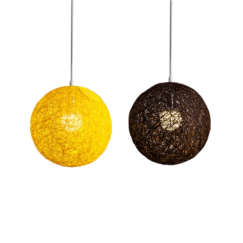 

2x Coffee/Yellow Bamboo, Rattan and Hemp Ball Chandelier Individual Creativity Spherical Rattan Nest Lampshade