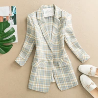 womens long plaid blazer notched three quarter sleeve pockets ladies slim outwear spring autumn jacket for female suit 2021