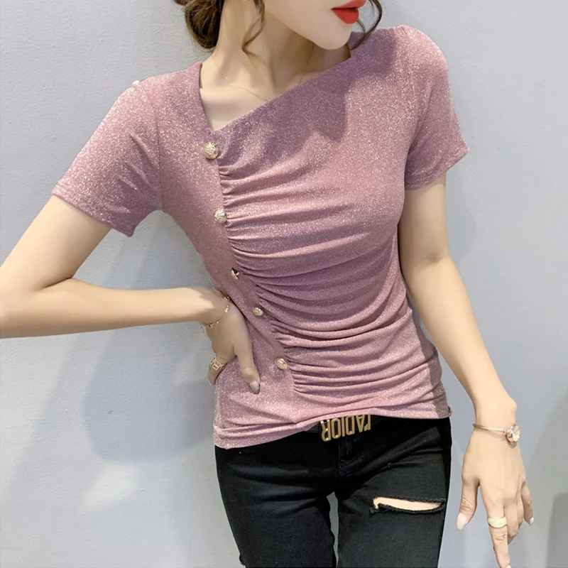 

Летняя Сексуальная облегающая футболка для женщин 2021; Новая одежда для детей с короткими рукавами и яркие шелковые женские футболка с рюшам...